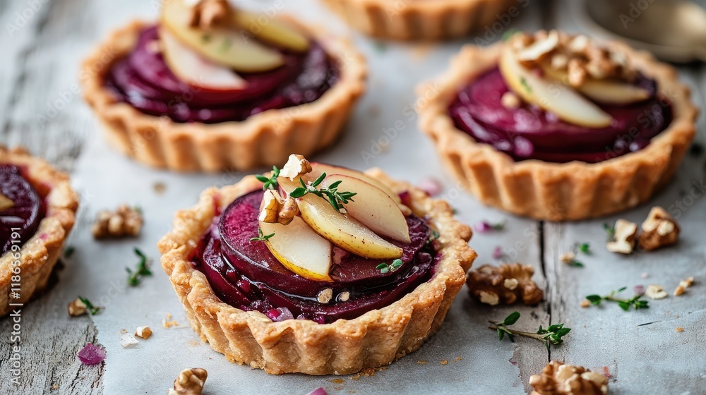 Delicious tartlets featuring beet salad, pears, walnuts, and sweet onions elegantly arranged in a crispy pastry shell Delicious tartlets featuring beet salad, pears, walnuts, and sweet onions elegantly arranged in a crispy pastry shell