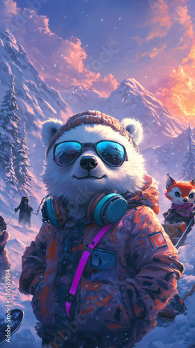 A trendy winter scene with cool, edgy animal characters: a polar bear wearing a neon hoodie and oversized sunglasses launching a snowball, a penguin in a beanie and headphones sliding across icy ter