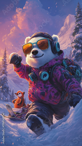 A trendy winter scene with cool, edgy animal characters: a polar bear wearing a neon hoodie and oversized sunglasses launching a snowball, a penguin in a beanie and headphones sliding across icy ter