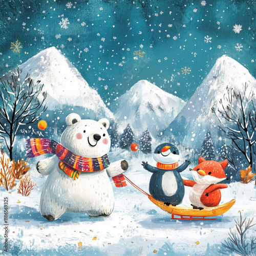 A cool illustration for teens, vibrant winter scene featuring animal characters engaging in fun activities: a polar bear wearing a colorful scarf throwing a snowball, a penguin sliding on ic