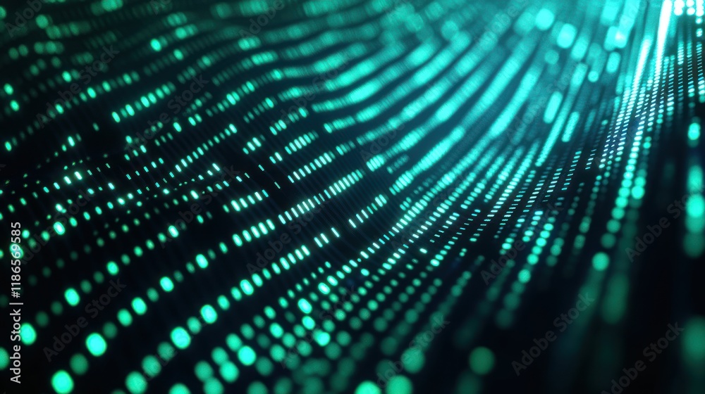 Abstract teal glowing particle wave background.