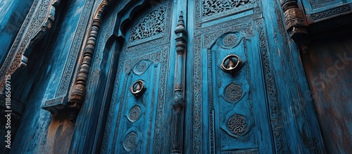 Vintage blue doors featuring intricate carvings complementing a classic interior design aesthetic in a charming historic setting