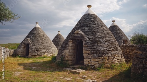 Traditional Trulli stone huts with conical roofs set in scenic countryside landscape showcasing rural architectural heritage and charm photo