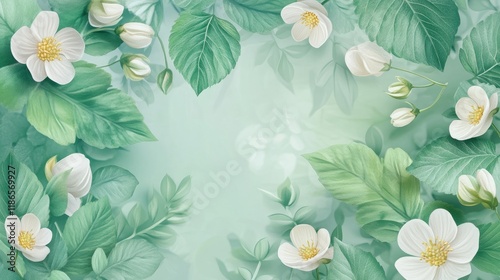Strawberry plant leaves and white flowers create a serene floral background for designs and nature-themed projects