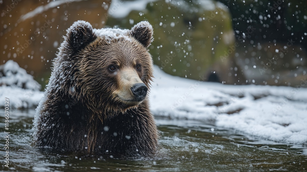 Bear taking a winter bath in a snowy environment showcasing calmness and serenity in nature's beautiful landscape. Bear taking a winter bath in a snowy environment showcasing calmness and serenity in nature's beautiful landscape.