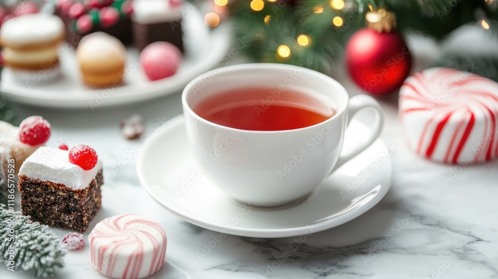 Fototapeta premium Holiday Tea with Festive Candies and Pastries on a Marble Table Surrounded by Christmas Decor and Lights