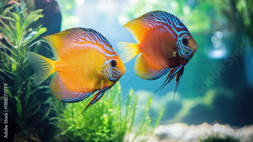 Vibrant tropical freshwater aquarium featuring colorful discus fish swimming gracefully among lush aquatic plants photo