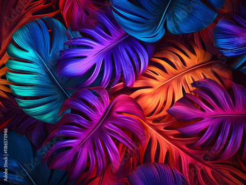 Abstract creative neon background with tropical leaves