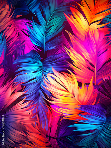Abstract creative neon background with tropical leaves