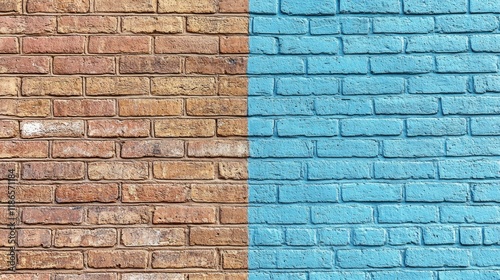 Half brown, half light blue painted brick wall texture.