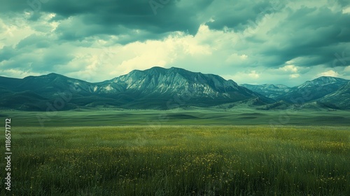 Serene landscape; mountain range under dramatic sky, green field. Ideal for travel, nature, or environmental projects.