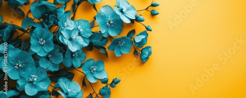 turquoise flowers, yellow background, creative design, spring theme, floral arrangement, vibrant colors, decorative elements Bright yellow serves as a cheerful backdrop for cascading turquoise