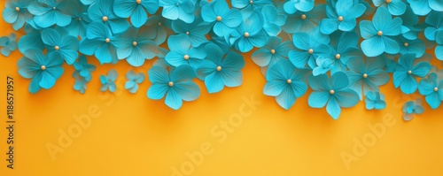 turquoise flowers, yellow background, creative design, spring theme, floral arrangement, vibrant colors, decorative elements Bright yellow serves as a cheerful backdrop for cascading turquoise