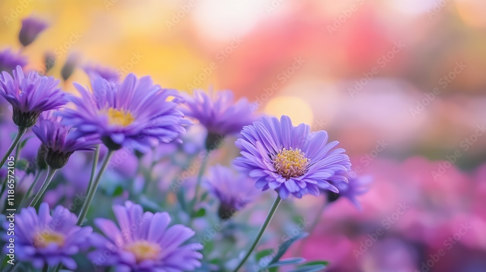 Autumn garden scene featuring violet asters with a soft blurred foreground and vibrant background colors creating a serene floral atmosphere. Autumn garden scene featuring violet asters with a soft blurred foreground and vibrant background colors creating a serene floral atmosphere.