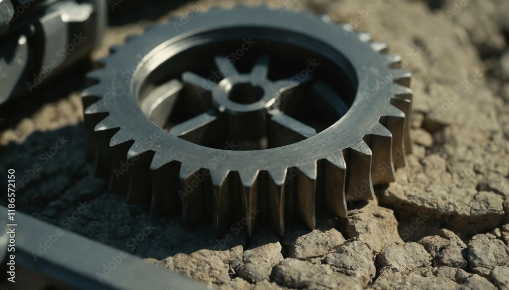 Close-up of rugged gear teeth, cinematic view with light and soft shadow Close-up of rugged gear teeth, cinematic view with light and soft shadow