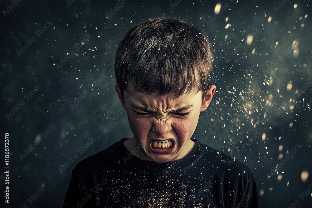 A young boy with his mouth open as dust flies around him A young boy with his mouth open as dust flies around him