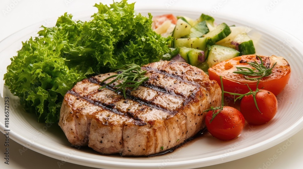 Grilled Tuna Steak Served With Fresh Garden Salad And Cherry Tomatoes On A White Plate Grilled Tuna Steak Served With Fresh Garden Salad And Cherry Tomatoes On A White Plate