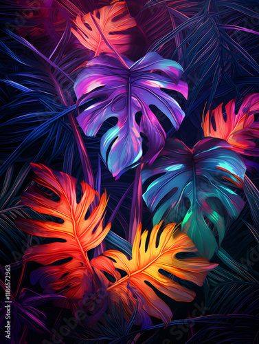 Abstract creative neon background with tropical leaves