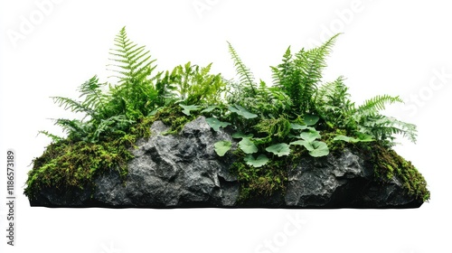 Tropical mossy rock with lush ferns and greenery isolated on white background for nature and landscaping themes photo