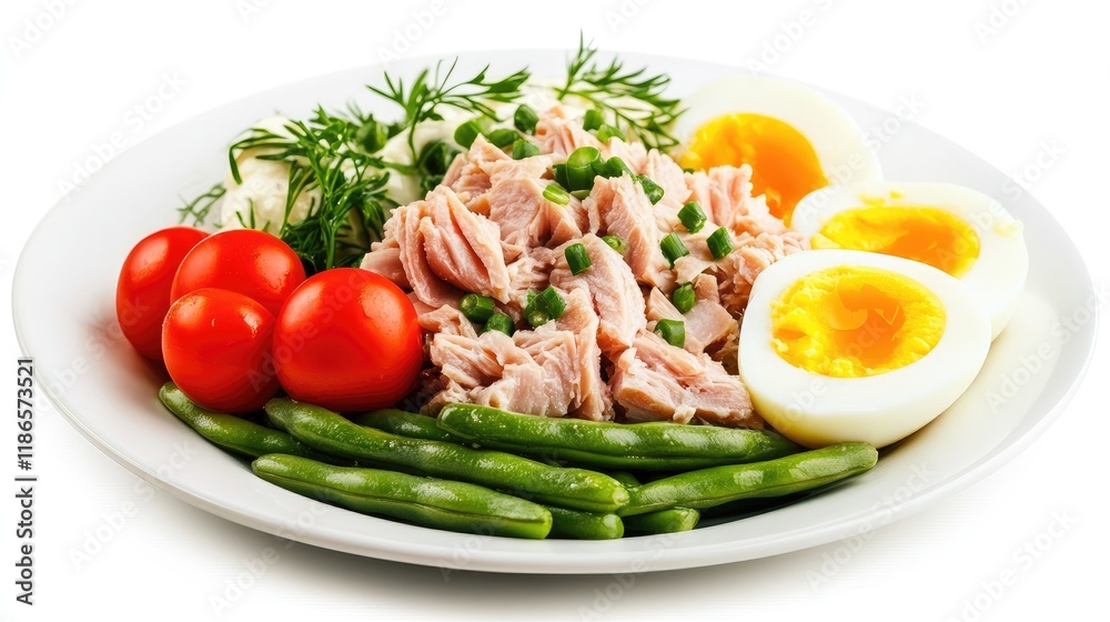 Healthy Tuna Salad with Boiled Eggs and Green Beans Rich in Omega-3s on White Plate Ideal for Nutritious Meal Prep or Diet Plans Healthy Tuna Salad with Boiled Eggs and Green Beans Rich in Omega-3s on White Plate Ideal for Nutritious Meal Prep or Diet Plans