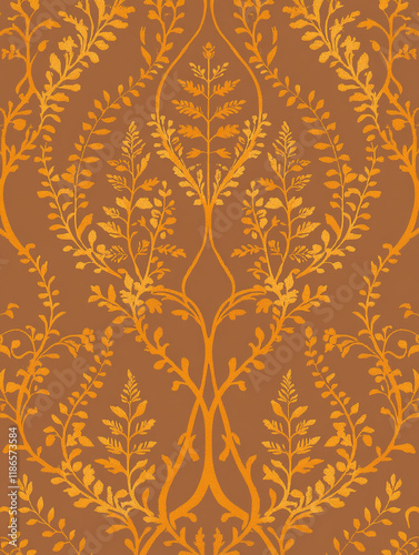 Elegant Gold and Brown Damask Floral Pattern Wallpaper Design Seamless Texture for Interior Design