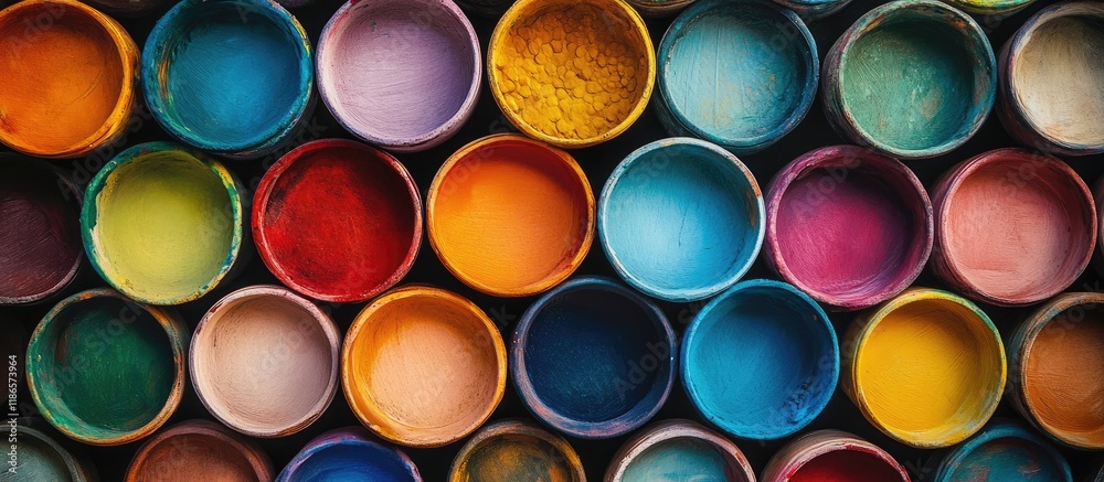 Colorful paint pots arranged in a circular pattern reflecting creativity and artistic inspiration across a vibrant spectrum of hues Colorful paint pots arranged in a circular pattern reflecting creativity and artistic inspiration across a vibrant spectrum of hues