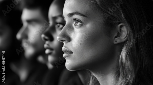 Black and white close-up shot of three people's profiles, woman in focus.