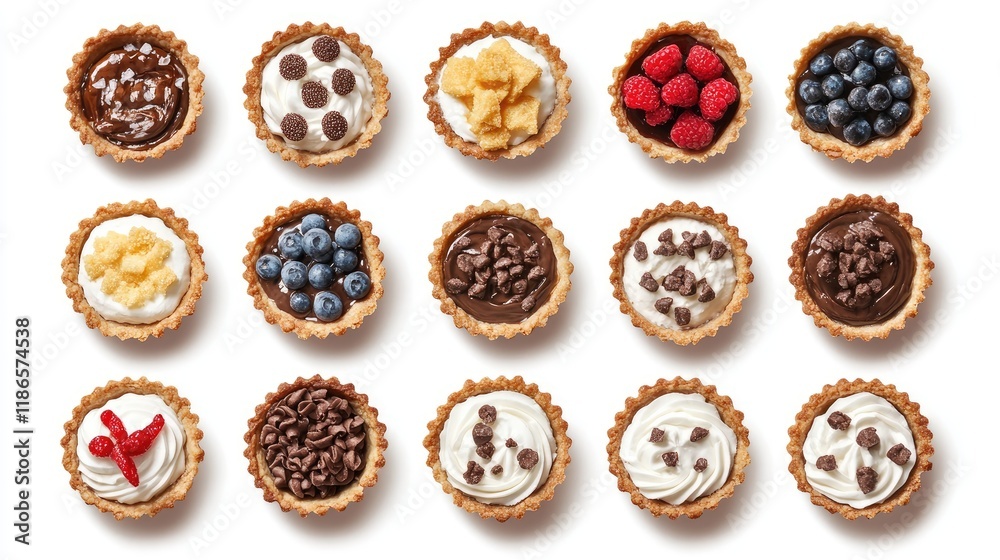 Assortment of twelve mini tartlets featuring diverse fillings including fruits chocolates and creams arranged on a bright background Assortment of twelve mini tartlets featuring diverse fillings including fruits chocolates and creams arranged on a bright background