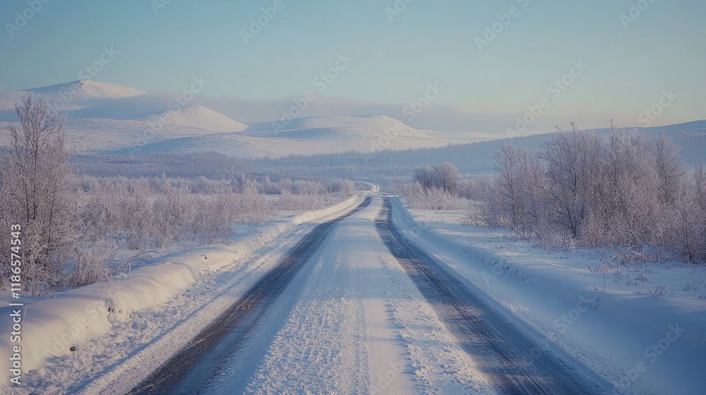 Tire tracks on a snow-covered road winding through a serene winter landscape with mountains in the background and a clear blue sky.
