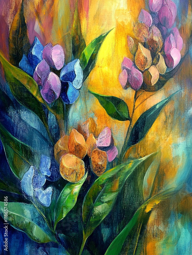 Vibrant Abstract Floral Painting Multicolored Flowers with Lush Green Leaves on a Warm Background