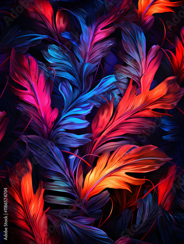 Abstract creative neon background with tropical leaves
