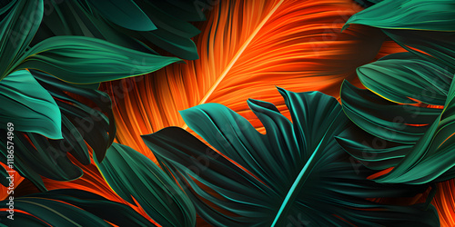 Abstract creative neon background with tropical leaves
