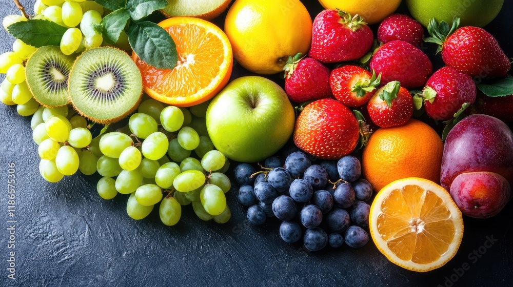 Assorted Fresh Fruits Display on Dark Background for Healthy Lifestyle and Dietary Choices Assorted Fresh Fruits Display on Dark Background for Healthy Lifestyle and Dietary Choices