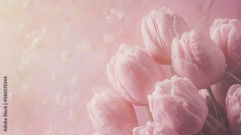 Obraz premium Soft pink tulips on pastel background with blurred vintage tones for serene floral aesthetic and delicate romantic atmosphere