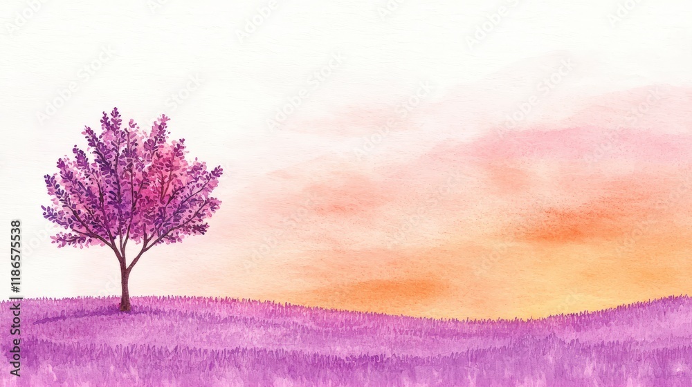 Serene Watercolor Landscape Featuring Pink Tree on Gentle Hill with Warm Sunset Background Serene Watercolor Landscape Featuring Pink Tree on Gentle Hill with Warm Sunset Background