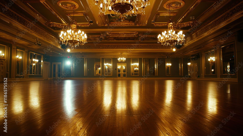 Obraz premium A grand ballroom with a polished wooden floor, gilded mirrors reflecting warm light, and ornate chandeliers hanging from a high, intricately decorated ceiling. 