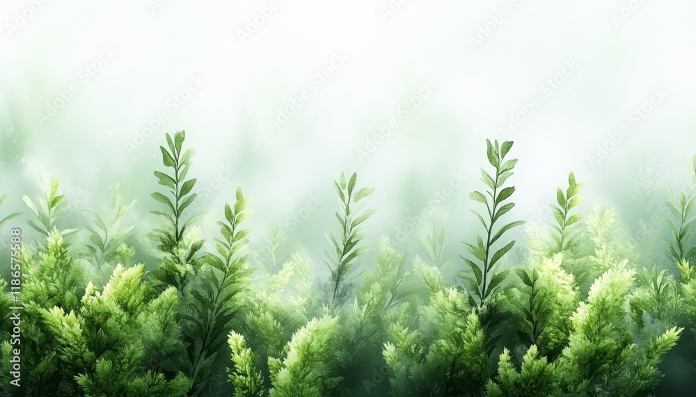 Spring Time Green Foliage Covered With Misty Fog, Natural Background With Copy Space.