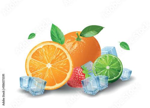 A bright vector illustration featuring a lime, strawberry, and citrus slices with shiny textures and soft shadows. Perfect as an organic design element for tropical themes, healthy eating