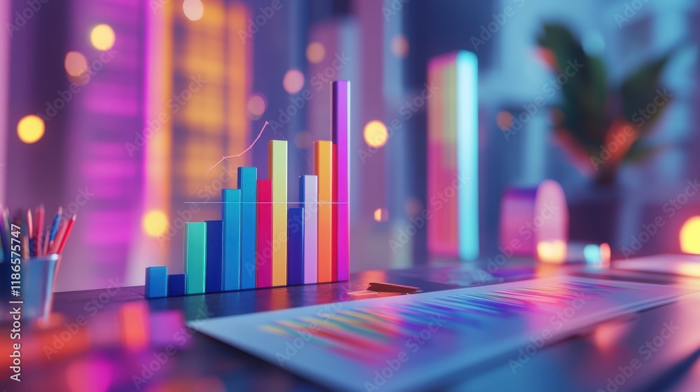 Fototapeta premium Close-up view of a vibrant financial business concept featuring colorful bar graphs and intricate data charts on a sleek office desk