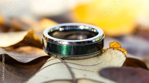 Tungsten carbide ring with green inlay on autumn leaves.