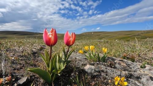 Wild tulips in a vast landscape featuring Tulipa gesneriana and Tulipa schrenkii blooming in a colorful natural setting under a blue sky. photo
