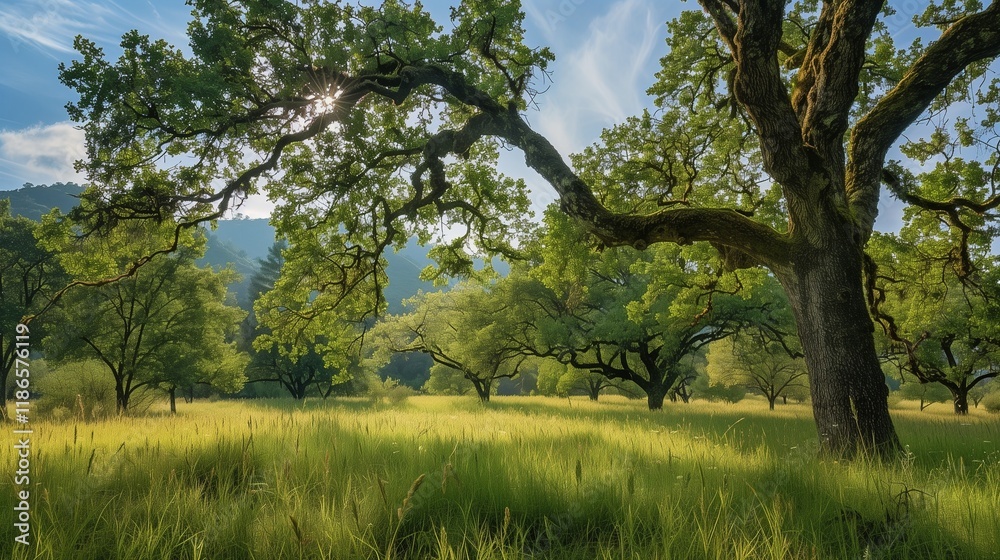 A quiet, secluded woodland clearing with tall grasses, surrounded by towering oak trees. A quiet, secluded woodland clearing with tall grasses, surrounded by towering oak trees.