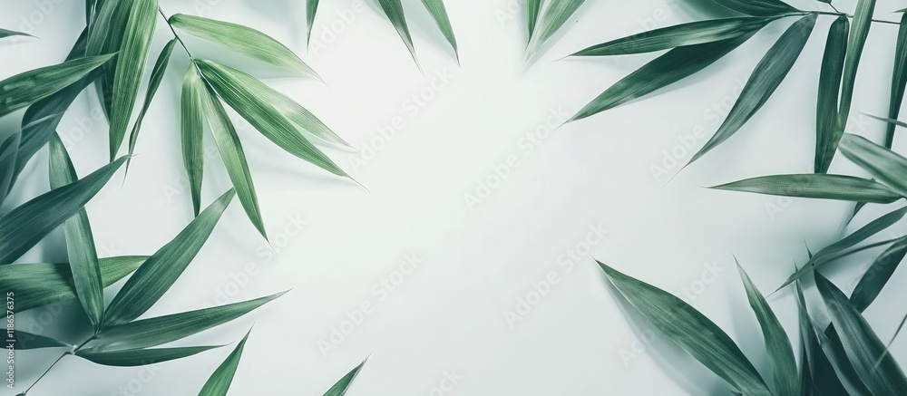 Fototapeta premium Lush Bamboo Leaves Framed on White Background for Summer Nature Themes and Decorative Elements with Space for Custom Text