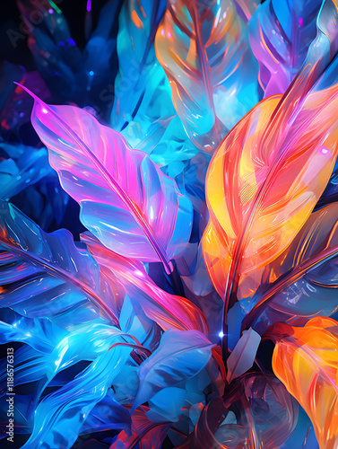 Abstract magical glowing neon background with tropical leaves