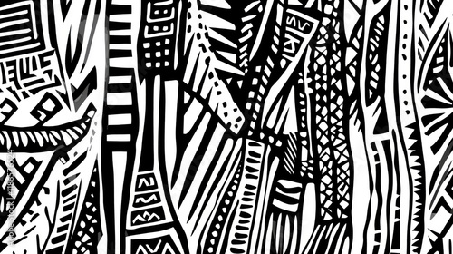 Abstract black and white geometric pattern with tribal and ethnic motifs.
