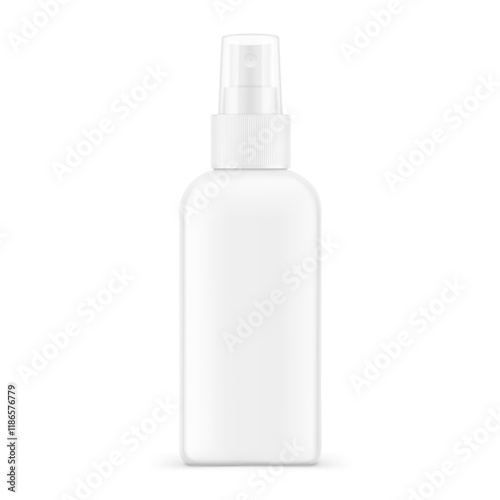 Realistic spray plastic bottle mockup cap. Vector illustration isolated on white background. Сan be used for cosmetic, medical, sanitary and other needs. EPS10.