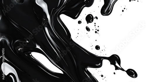 Abstract black liquid swirls and splatters on white background.