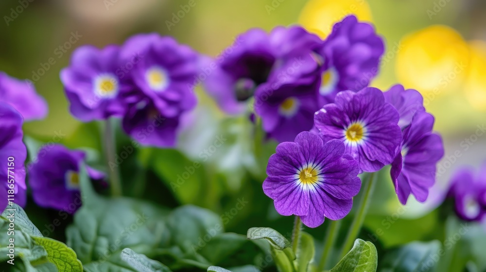 Vibrant Violet Primula Flowers Blooming in Garden Surrounded by Lush Green Foliage Under Soft Natural Light Vibrant Violet Primula Flowers Blooming in Garden Surrounded by Lush Green Foliage Under Soft Natural Light