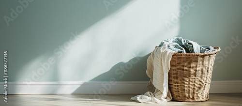 Wicker laundry basket filled with soiled clothes against a wall creating a cozy home organization atmosphere perfect for decluttering spaces