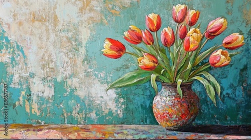 vibrant tulips in decorative vase showcasing artistic style against textured wall background photo